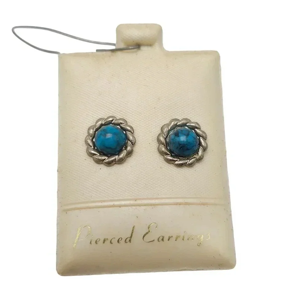 Blue Faux Turquoise Pierced Stud Earrings Butterfly Closure Silver Tone Vintage